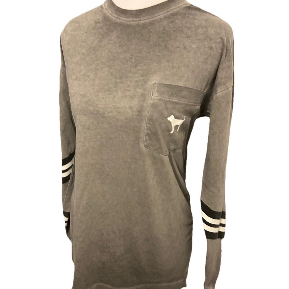 Y2K Victoria's Secret Pink -Long Sleeve T-shirt - Dog Logo Striped Faded Gray S